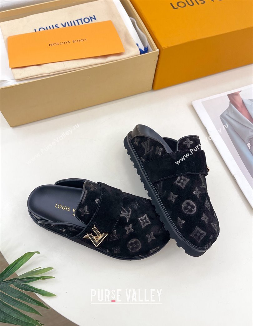 Louis Vuitton LV Cosy Flat Comfort Clog Mules in Monogram Suede 2 Black 2024 1ADD7G (MD-241224053)