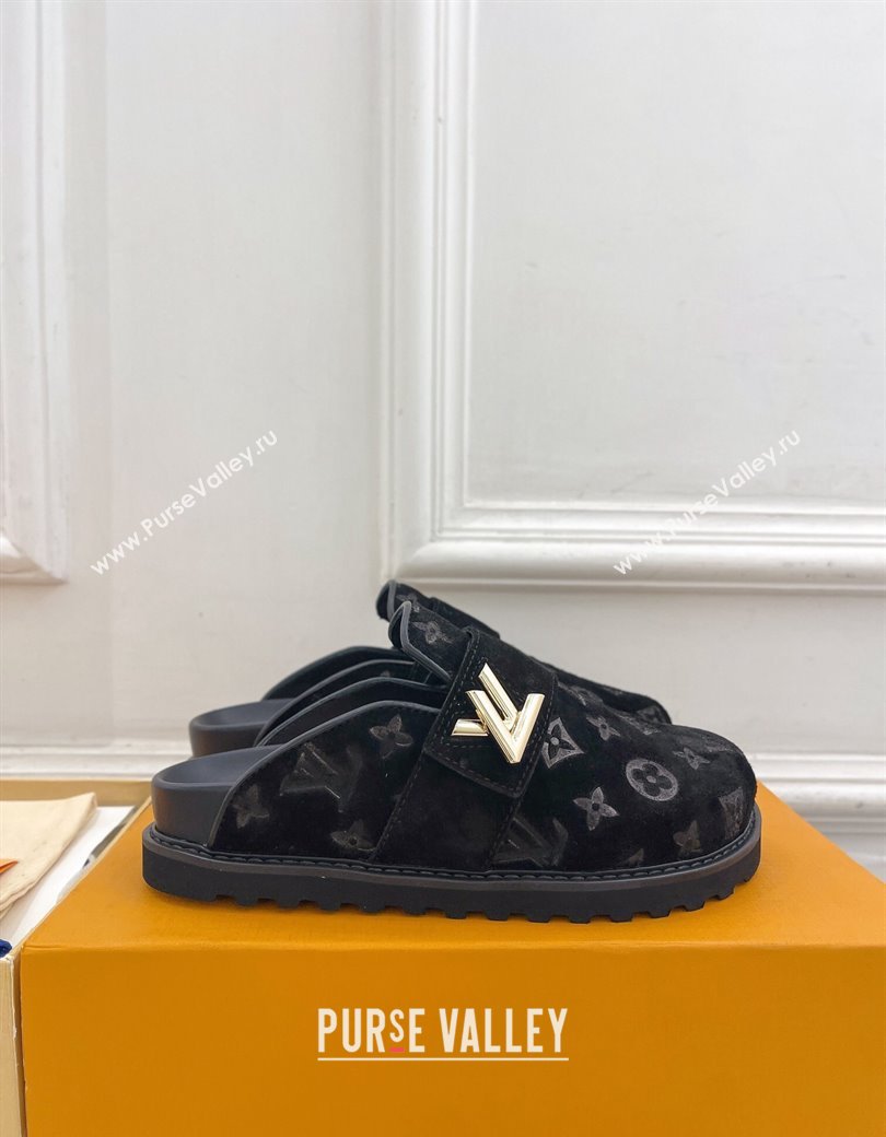 Louis Vuitton LV Cosy Flat Comfort Clog Mules in Monogram Suede 2 Black 2024 1ADD7G (MD-241224053)