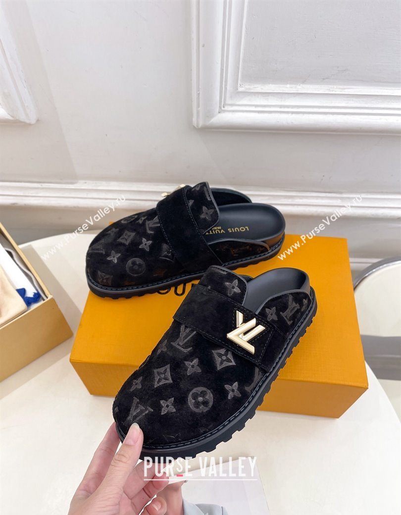 Louis Vuitton LV Cosy Flat Comfort Clog Mules in Monogram Suede 2 Black 2024 1ADD7G (MD-241224053)