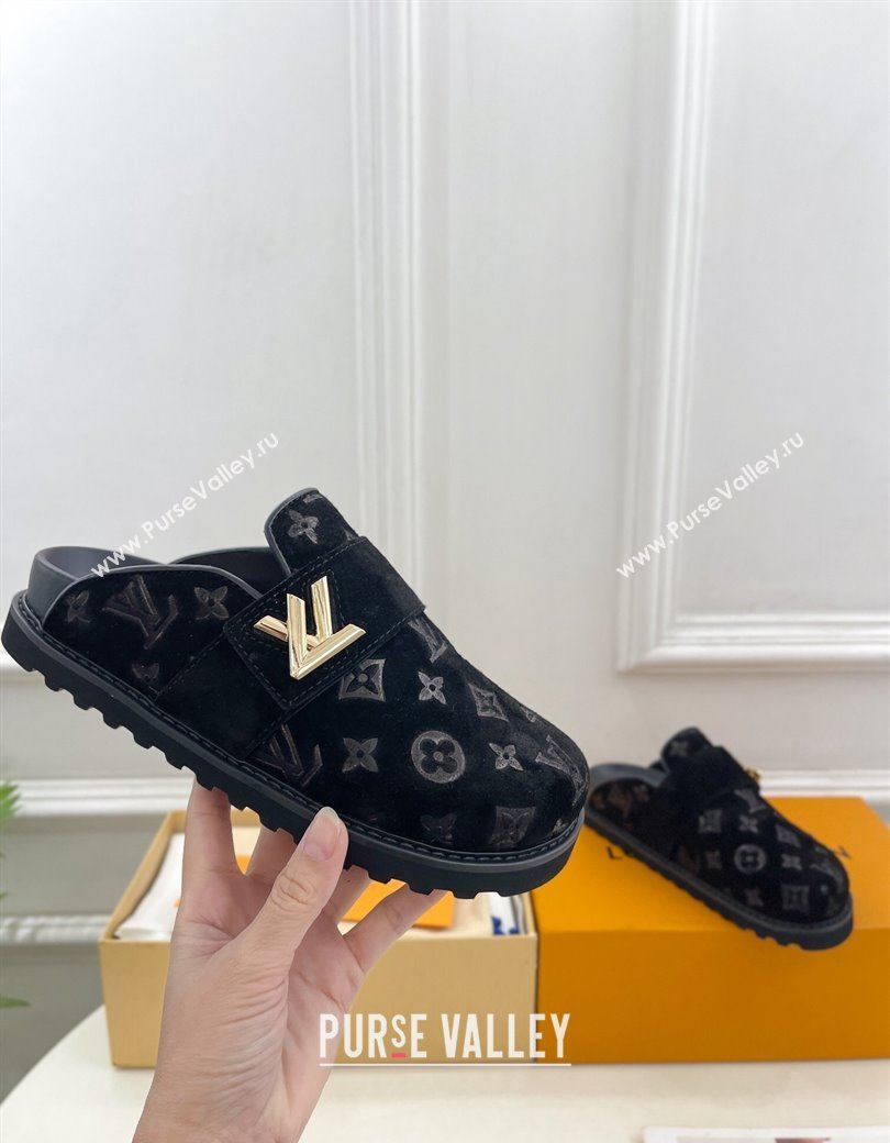 Louis Vuitton LV Cosy Flat Comfort Clog Mules in Monogram Suede 2 Black 2024 1ADD7G (MD-241224053)