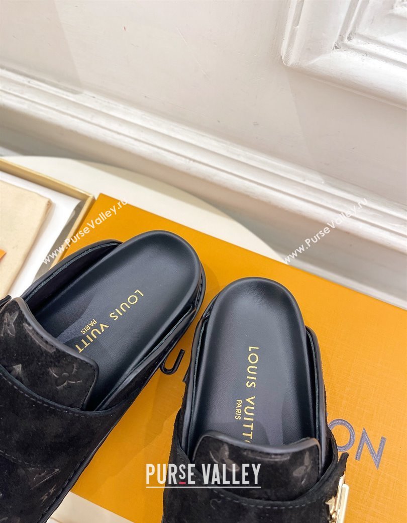 Louis Vuitton LV Cosy Flat Comfort Clog Mules in Monogram Suede 2 Black 2024 1ADD7G (MD-241224053)