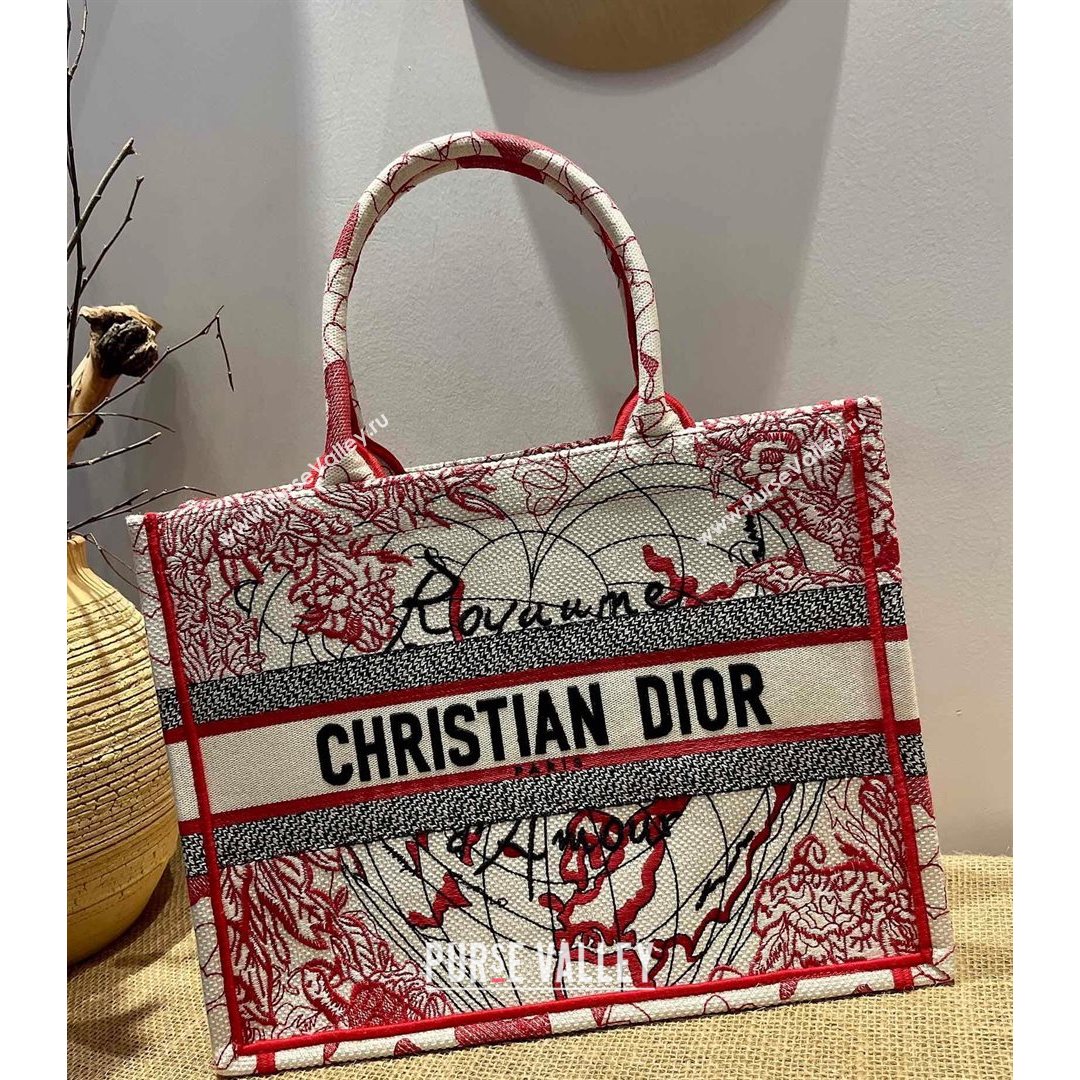 Dior Small Book Tote Bag in Red and White D-Royaume dAmour Embroidery 2021 M1286  (XXG-21080308)