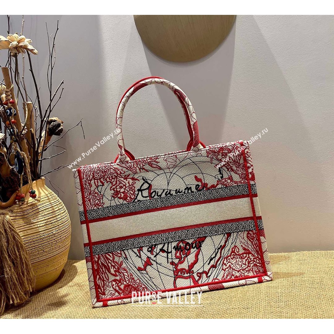 Dior Small Book Tote Bag in Red and White D-Royaume dAmour Embroidery 2021 M1286  (XXG-21080308)