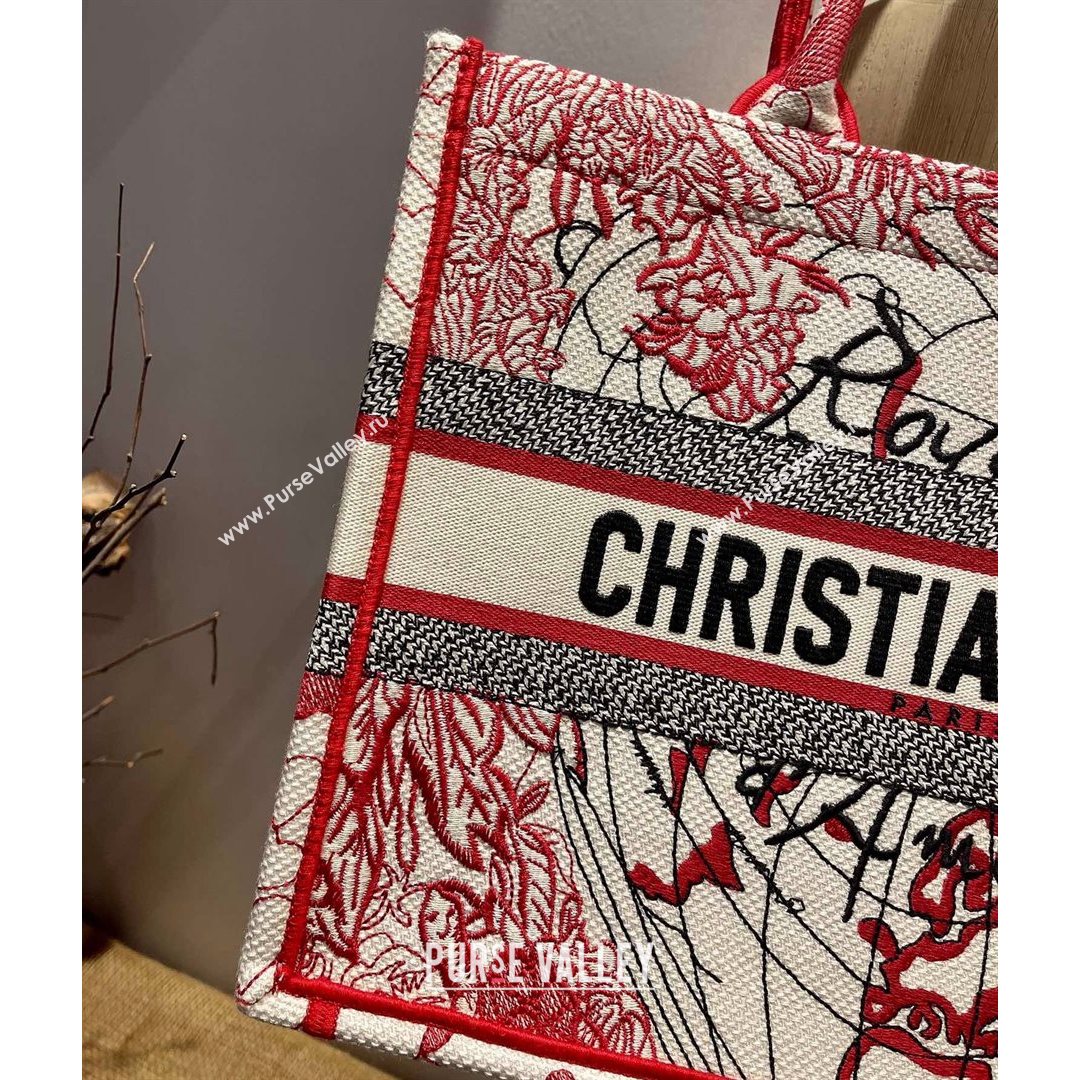 Dior Small Book Tote Bag in Red and White D-Royaume dAmour Embroidery 2021 M1286  (XXG-21080308)