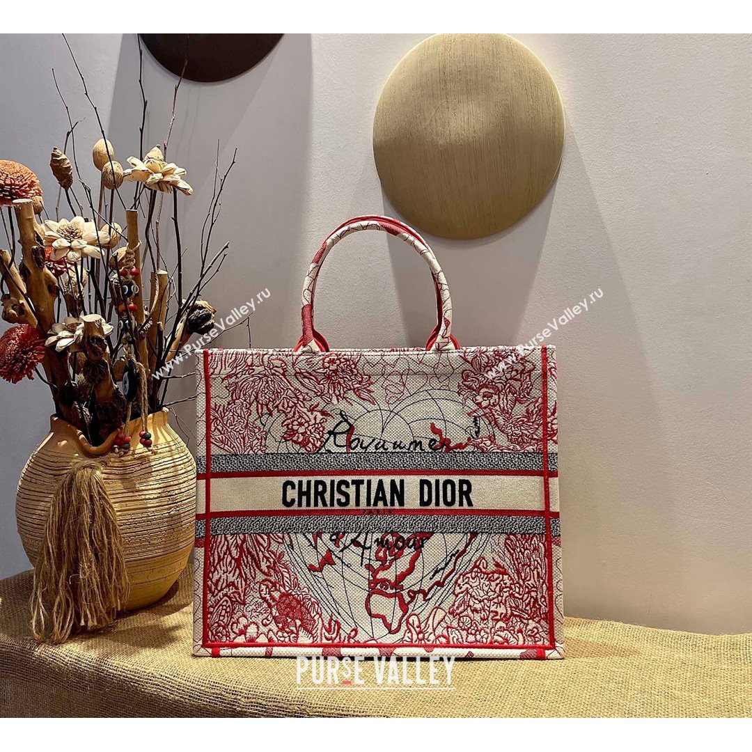 Dior Large Book Tote Bag in Red and White D-Royaume dAmour Embroidery 2021 M1286  (XXG-21080307)