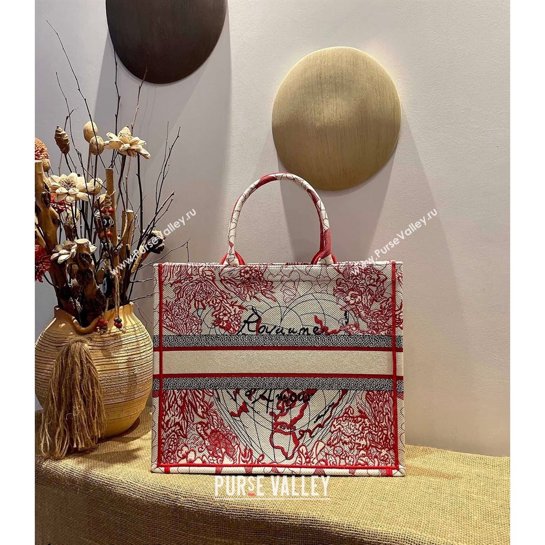 Dior Large Book Tote Bag in Red and White D-Royaume dAmour Embroidery 2021 M1286  (XXG-21080307)