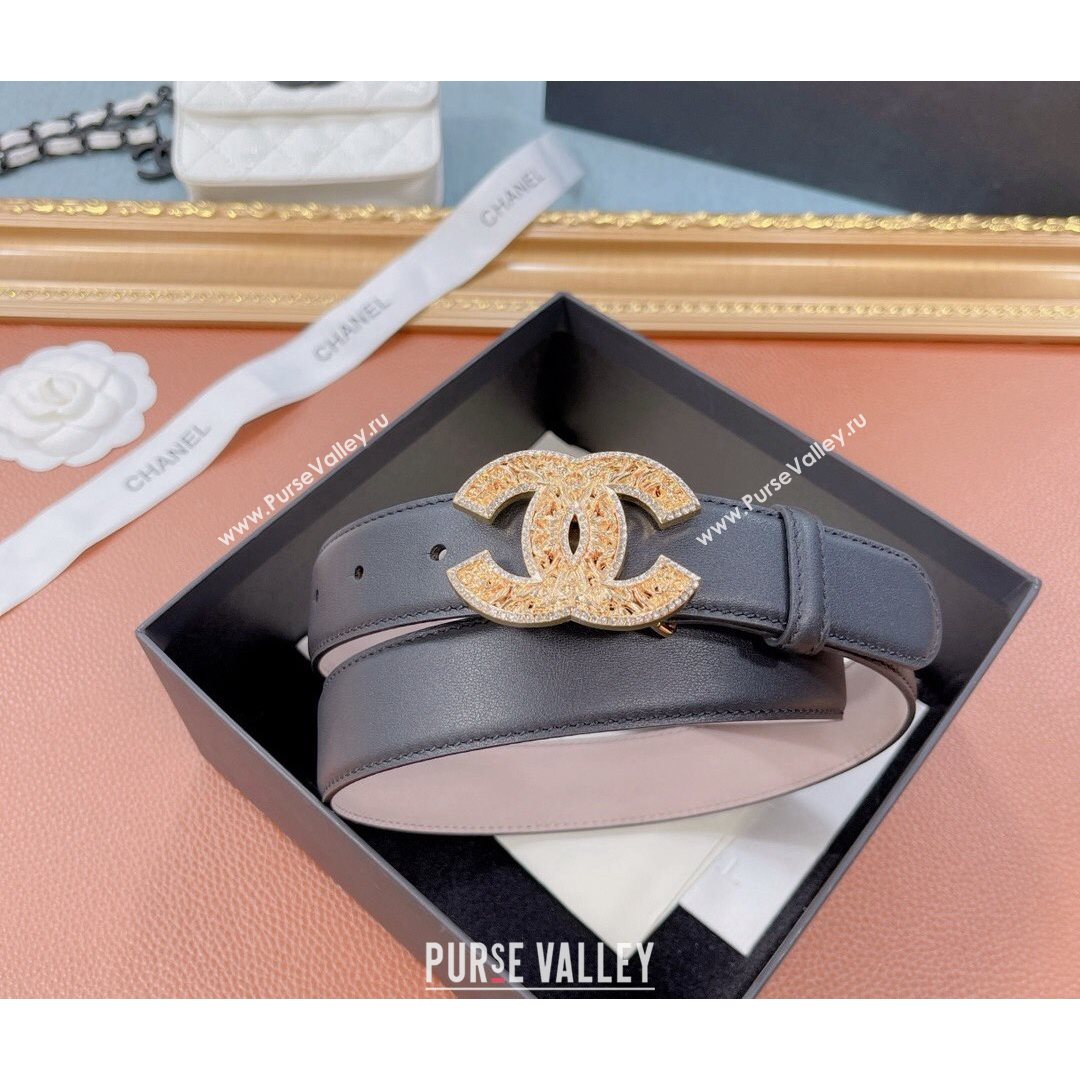 Chanel Calfskin Belt 30mm with Crystal CC Buckle Black 2021 (99-21082402)