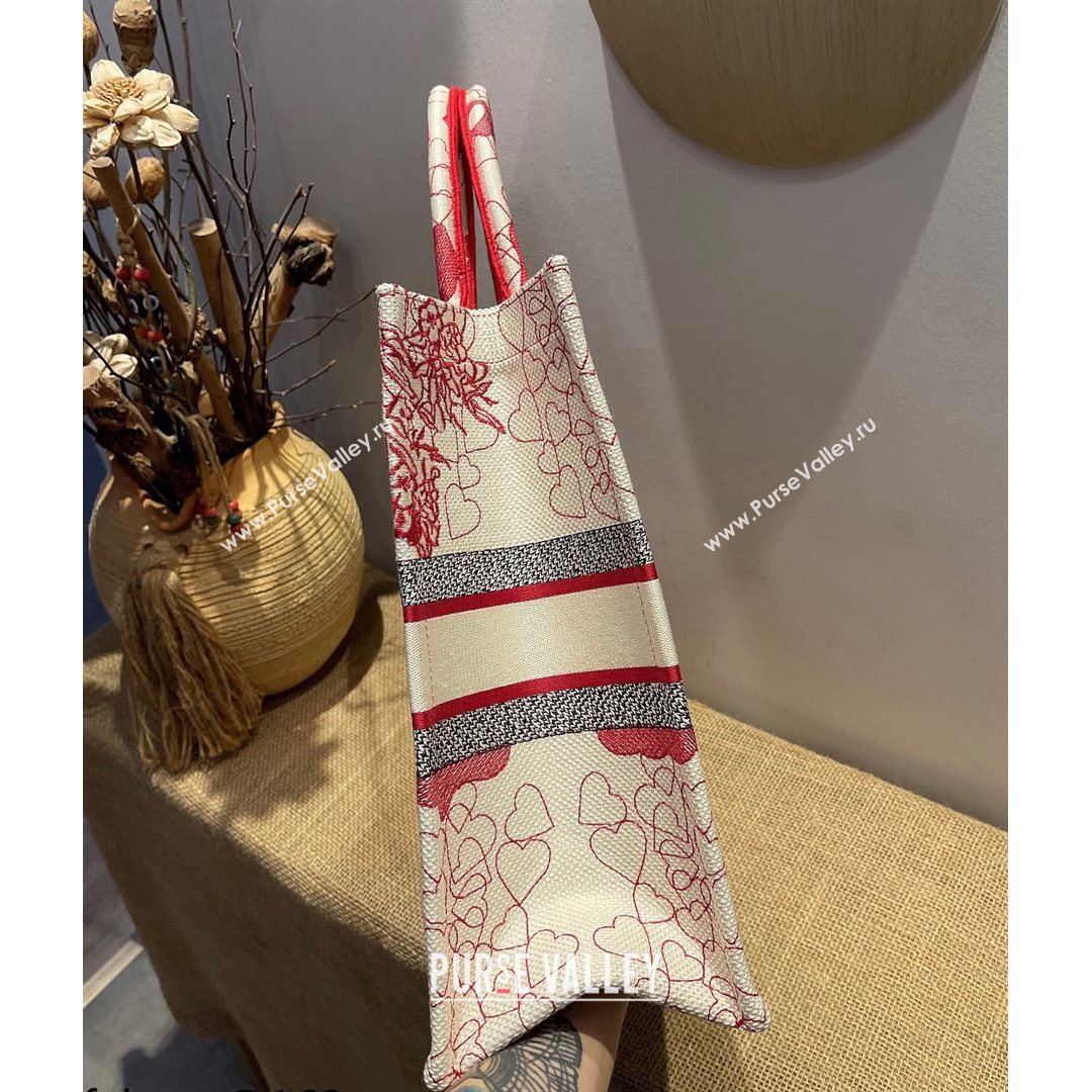 Dior Large Book Tote Bag in Red and White D-Royaume dAmour Embroidery 2021 M1286  (XXG-21080307)