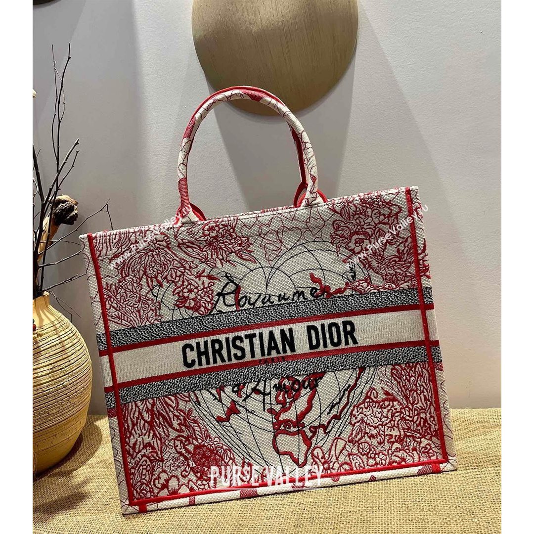 Dior Large Book Tote Bag in Red and White D-Royaume dAmour Embroidery 2021 M1286  (XXG-21080307)