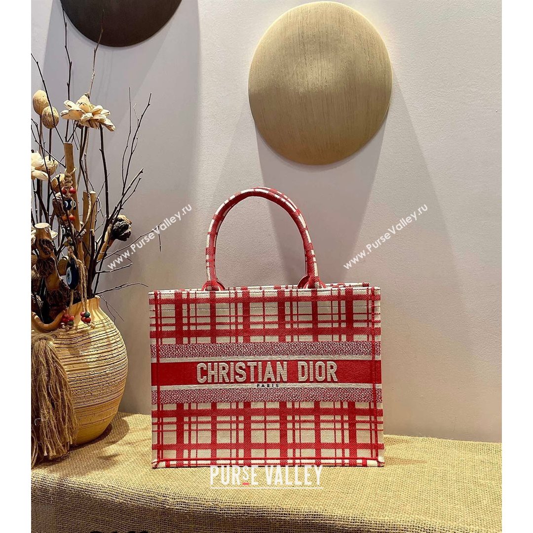 Dior Small Book Tote Bag in Red ChecknDior Embroidery 2021 M1286  (XXG-21080310)