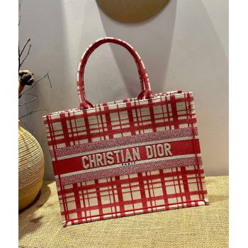 Dior Small Book Tote Bag in Red ChecknDior Embroidery 2021 M1286 (XXG-21080310)