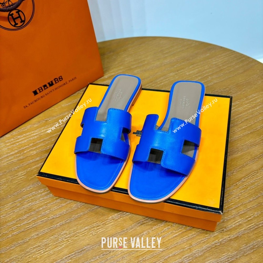 Hermes Oran Classic Swift Calfskin Flat Slide Sandals Electric Blue 2024(Handmade) (MDU-24062602)