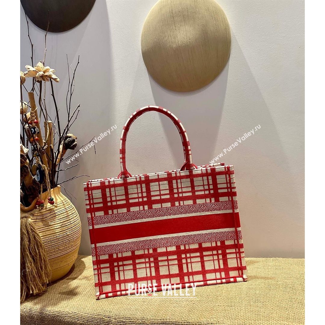 Dior Small Book Tote Bag in Red ChecknDior Embroidery 2021 M1286  (XXG-21080310)