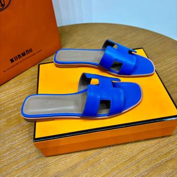 Hermes Oran Classic Swift Calfskin Flat Slide Sandals Electric Blue 2024(Handmade) (MDU-24062602)