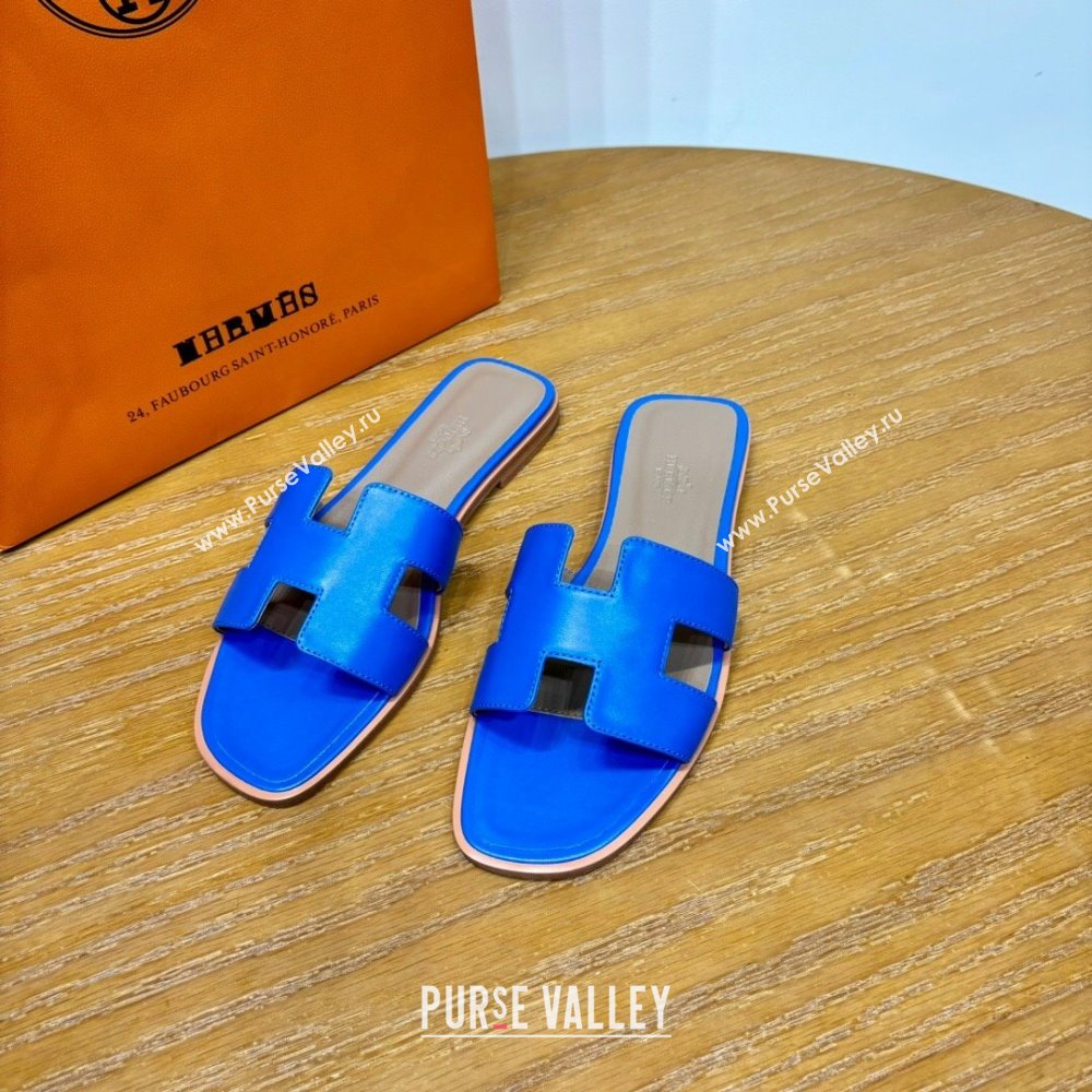 Hermes Oran Classic Swift Calfskin Flat Slide Sandals Electric Blue 2024(Handmade) (MDU-24062602)