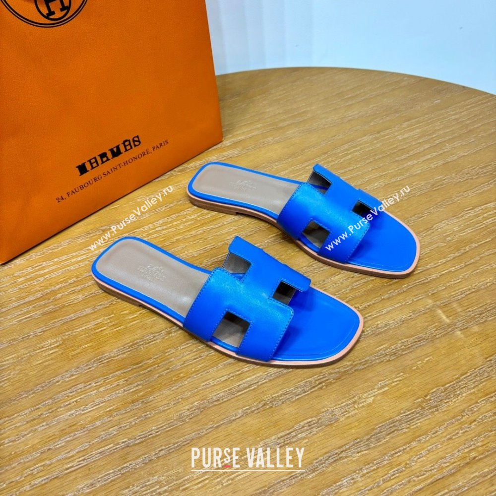 Hermes Oran Classic Swift Calfskin Flat Slide Sandals Electric Blue 2024(Handmade) (MDU-24062602)