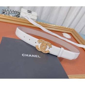 Chanel Calfskin Belt 30mm with Crystal CC Buckle White 2021 (99-21082404)