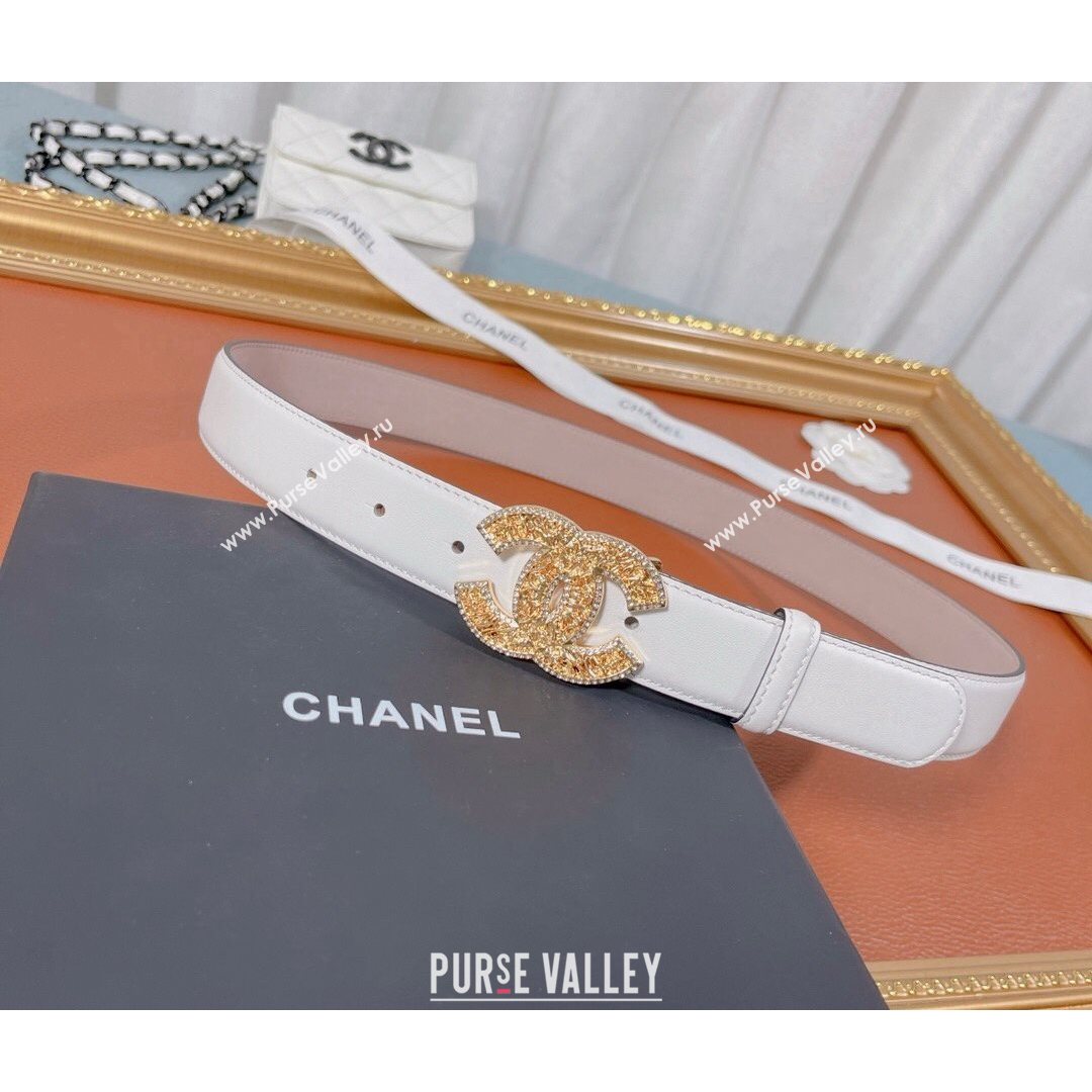 Chanel Calfskin Belt 30mm with Crystal CC Buckle White 2021 (99-21082404)