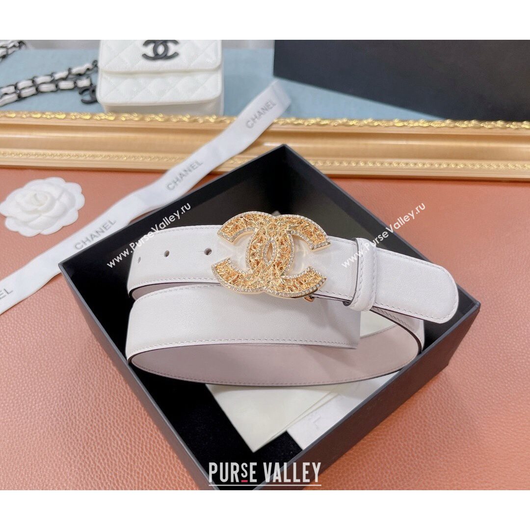 Chanel Calfskin Belt 30mm with Crystal CC Buckle White 2021 (99-21082404)
