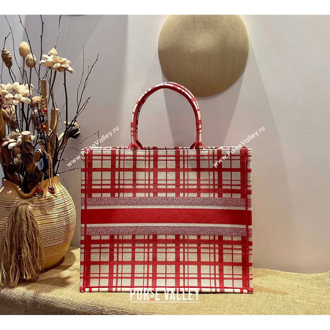 Dior Large Book Tote Bag in Red ChecknDior Embroidery 2021 M1286  (XXG-21080309)