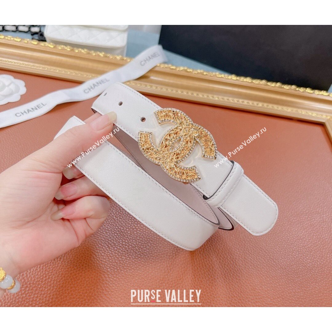Chanel Calfskin Belt 30mm with Crystal CC Buckle White 2021 (99-21082404)
