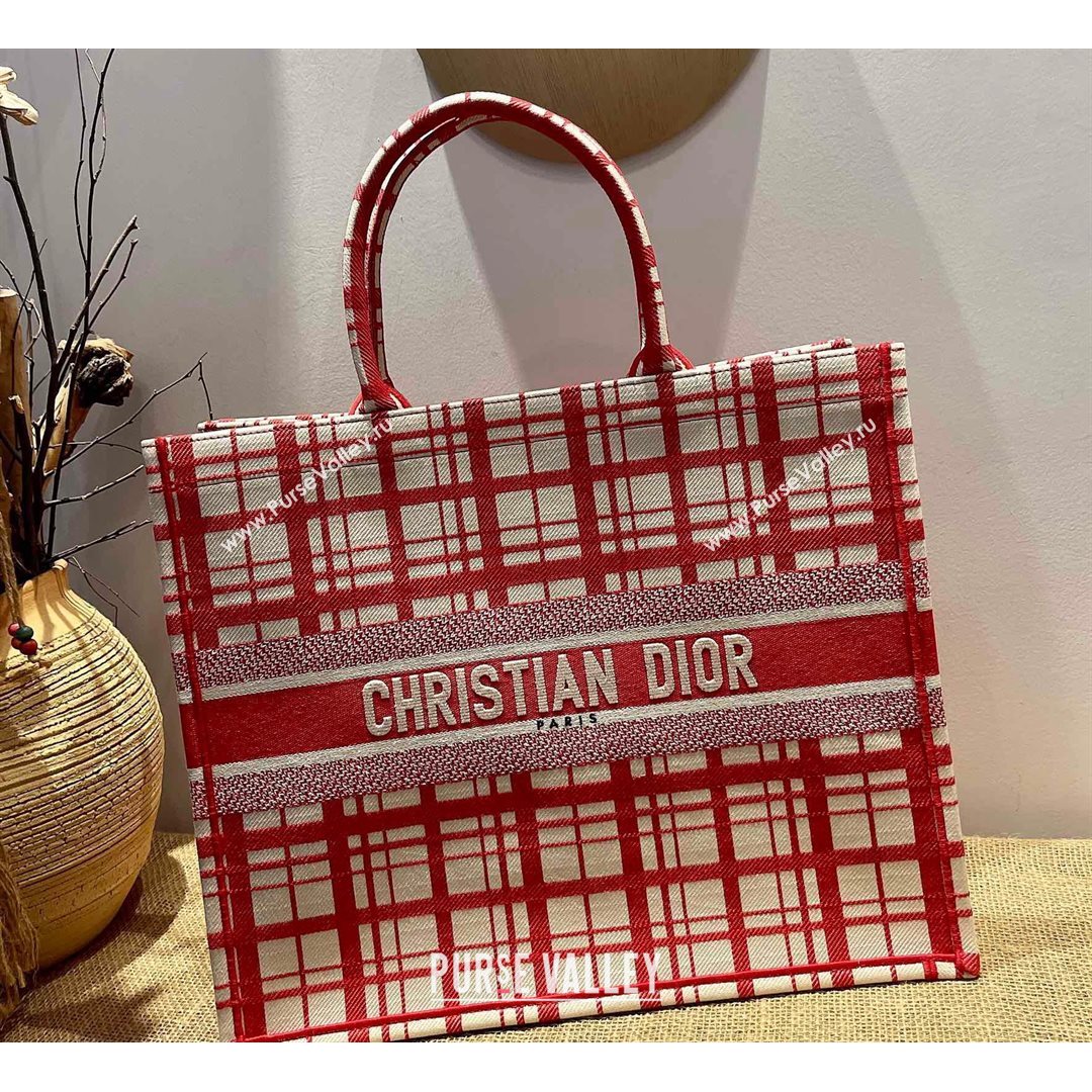 Dior Large Book Tote Bag in Red ChecknDior Embroidery 2021 M1286  (XXG-21080309)