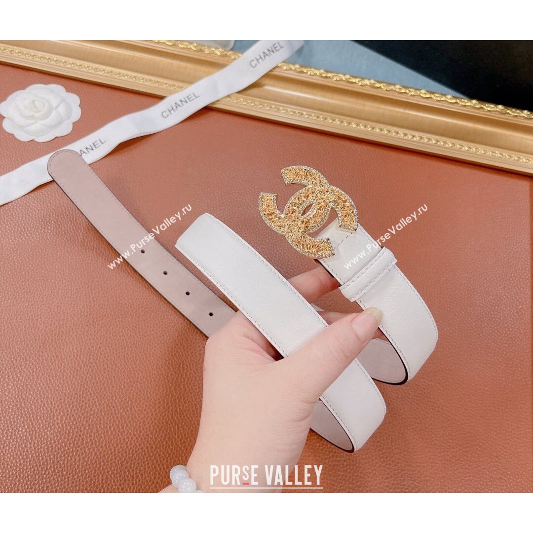 Chanel Calfskin Belt 30mm with Crystal CC Buckle White 2021 (99-21082404)