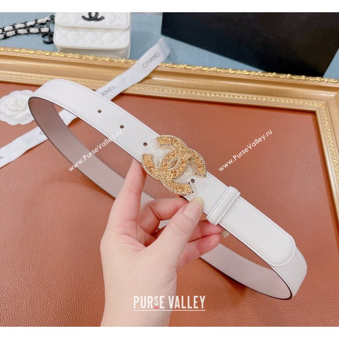 Chanel Calfskin Belt 30mm with Crystal CC Buckle White 2021 (99-21082404)