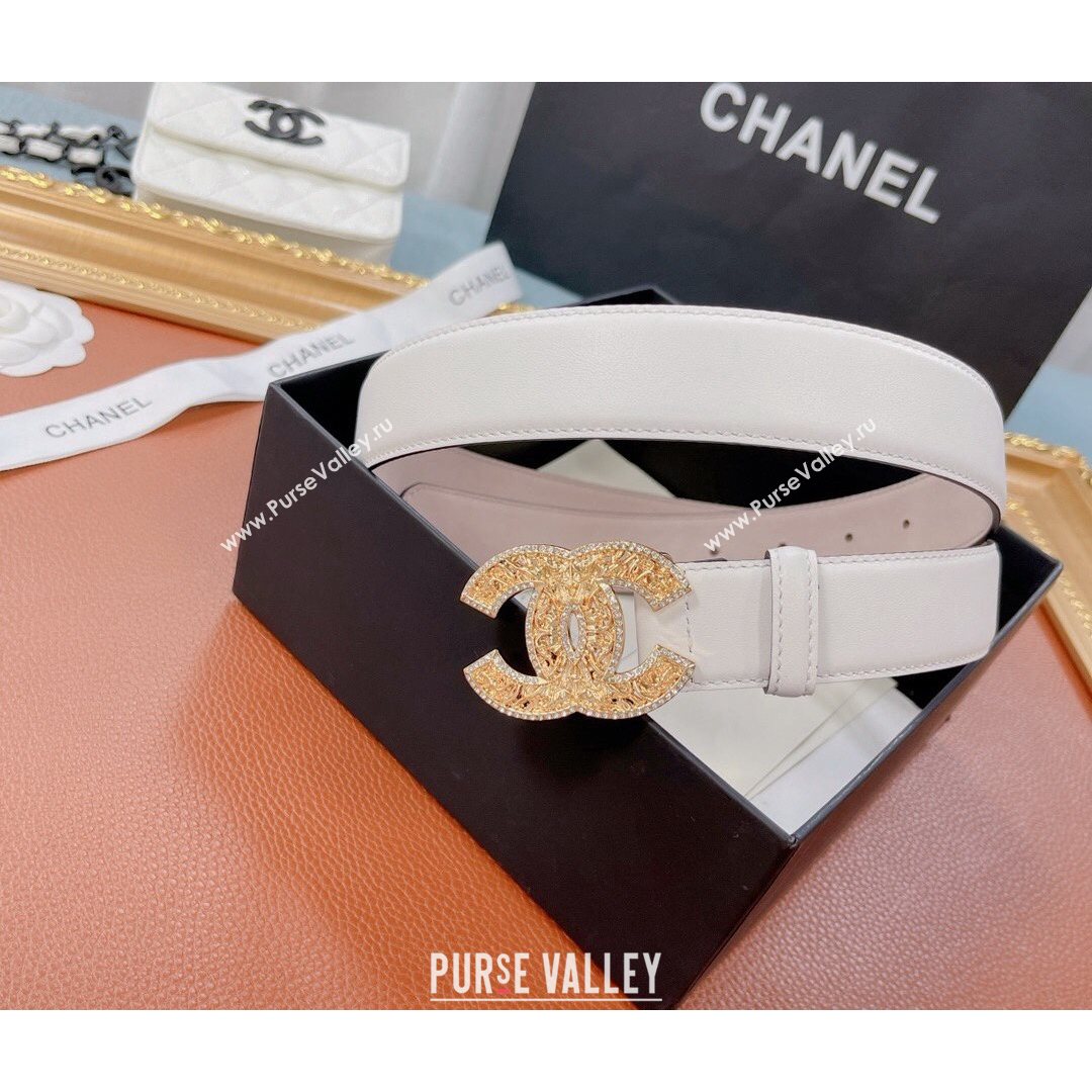 Chanel Calfskin Belt 30mm with Crystal CC Buckle White 2021 (99-21082404)