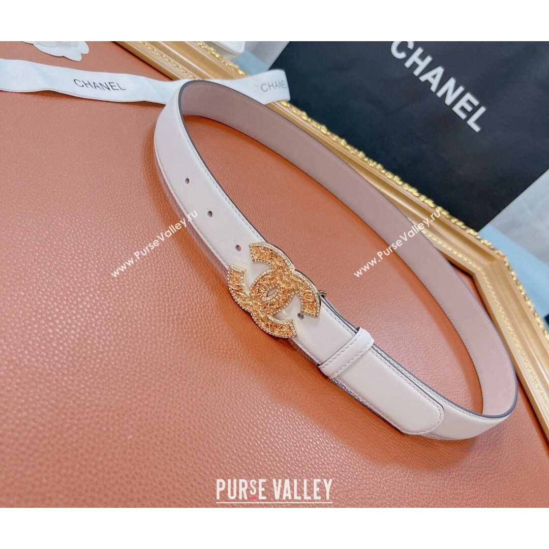 Chanel Calfskin Belt 30mm with Crystal CC Buckle White 2021 (99-21082404)