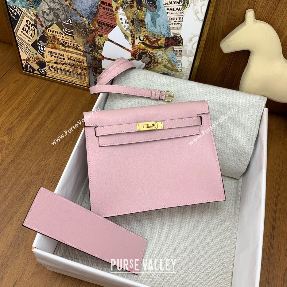 Hermes Kelly Danse Bag 22cm in Evercolor Leather 3Q Pink/Gold 2024(Handmade) (AY-24012202)