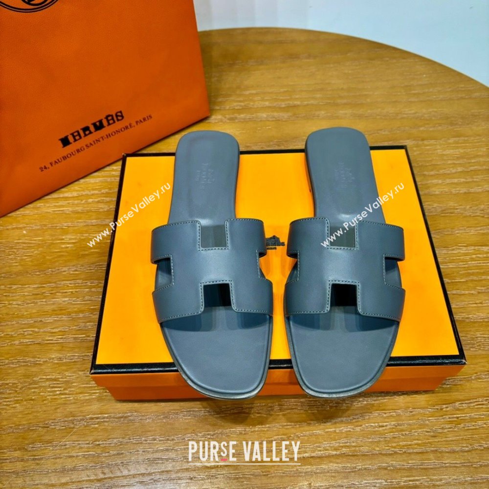 Hermes Oran Classic Swift Calfskin Flat Slide Sandals Grey 2024(Handmade) (MDU-24062606)