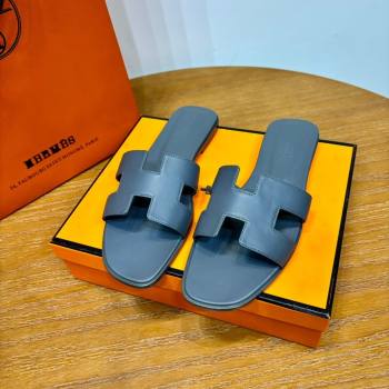 Hermes Oran Classic Swift Calfskin Flat Slide Sandals Grey 2024(Handmade) (MDU-24062606)