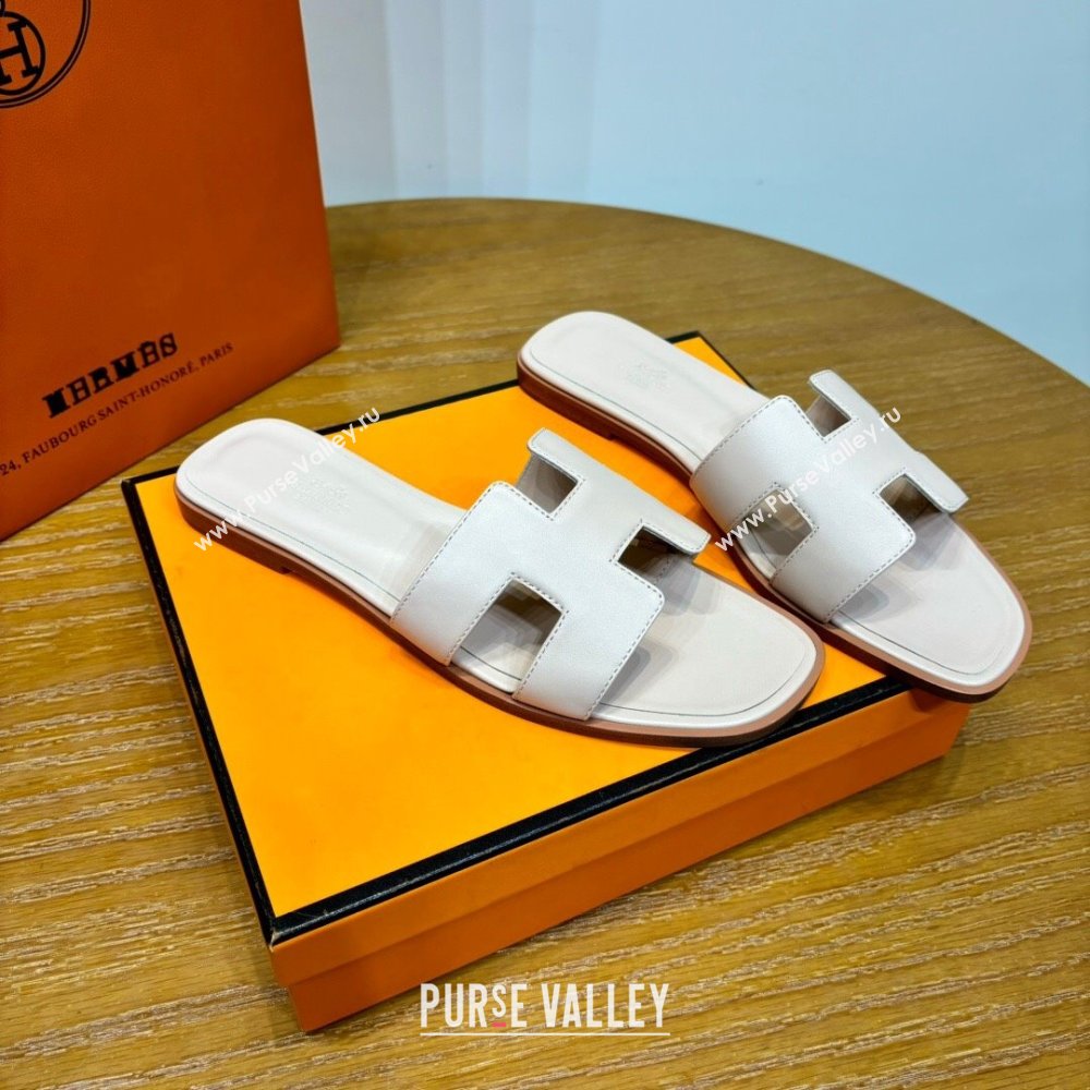 Hermes Oran Classic Swift Calfskin Flat Slide Sandals Off-white 2024(Handmade) (MDU-24062608)