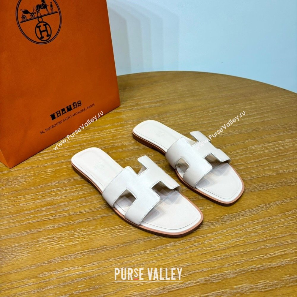 Hermes Oran Classic Swift Calfskin Flat Slide Sandals Off-white 2024(Handmade) (MDU-24062608)