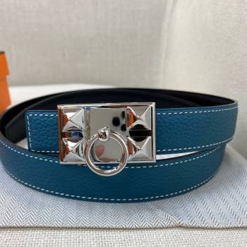 Hermes Glenan Reversible Calfskin Belt 25mm with Stud Buckle Blue 2021 (99-21082411)