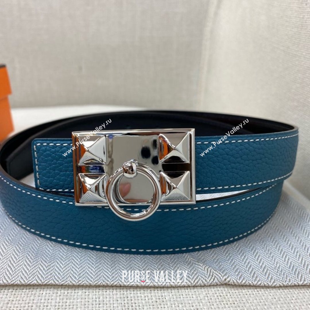 Hermes Glenan Reversible Calfskin Belt 25mm with Stud Buckle Blue 2021 (99-21082411)