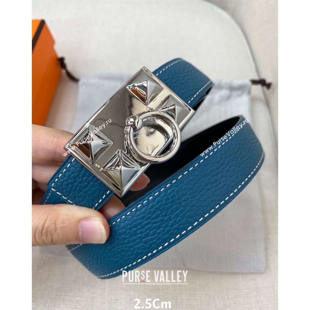 Hermes Glenan Reversible Calfskin Belt 25mm with Stud Buckle Blue 2021 (99-21082411)