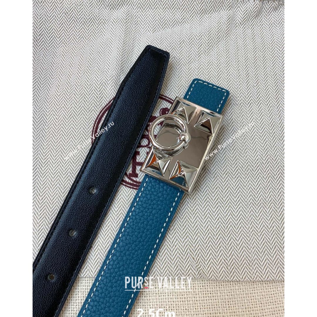 Hermes Glenan Reversible Calfskin Belt 25mm with Stud Buckle Blue 2021 (99-21082411)