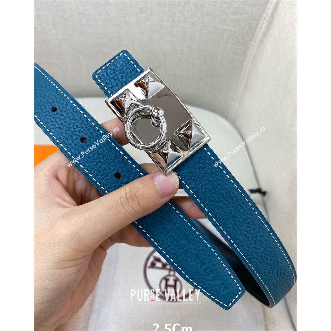 Hermes Glenan Reversible Calfskin Belt 25mm with Stud Buckle Blue 2021 (99-21082411)