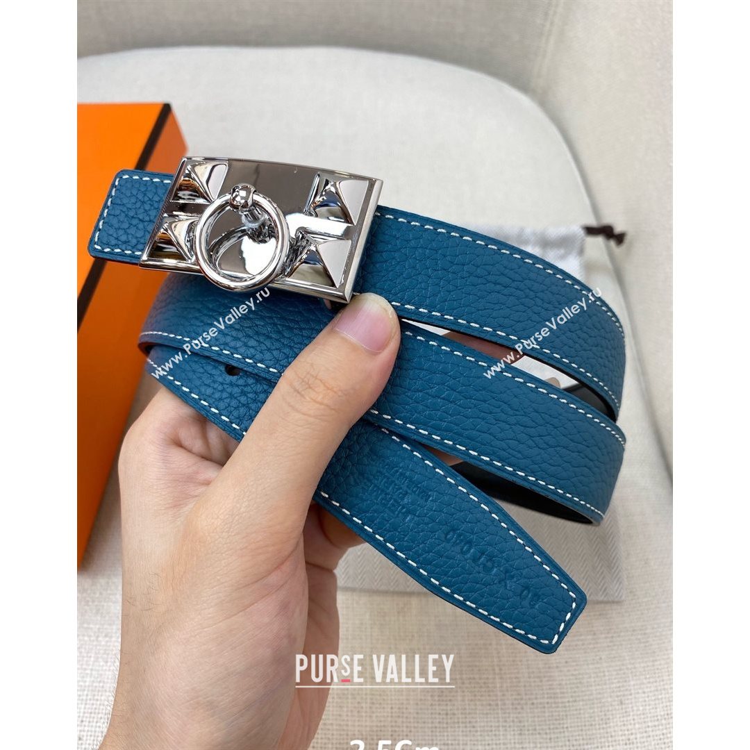 Hermes Glenan Reversible Calfskin Belt 25mm with Stud Buckle Blue 2021 (99-21082411)