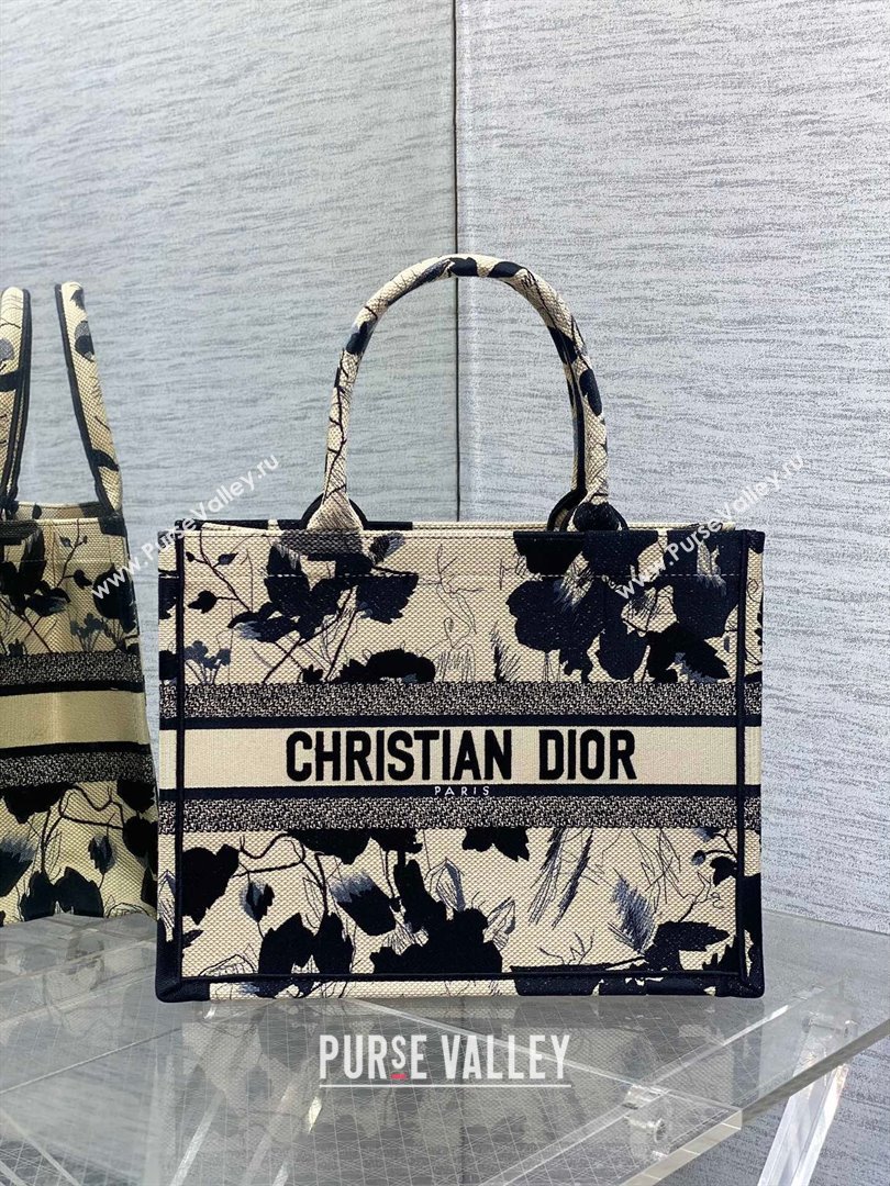 Dior Medium Book Tote Bag in Beige and Black Fleurs Mystiques Embroidery 2024 (XXG-24081333)