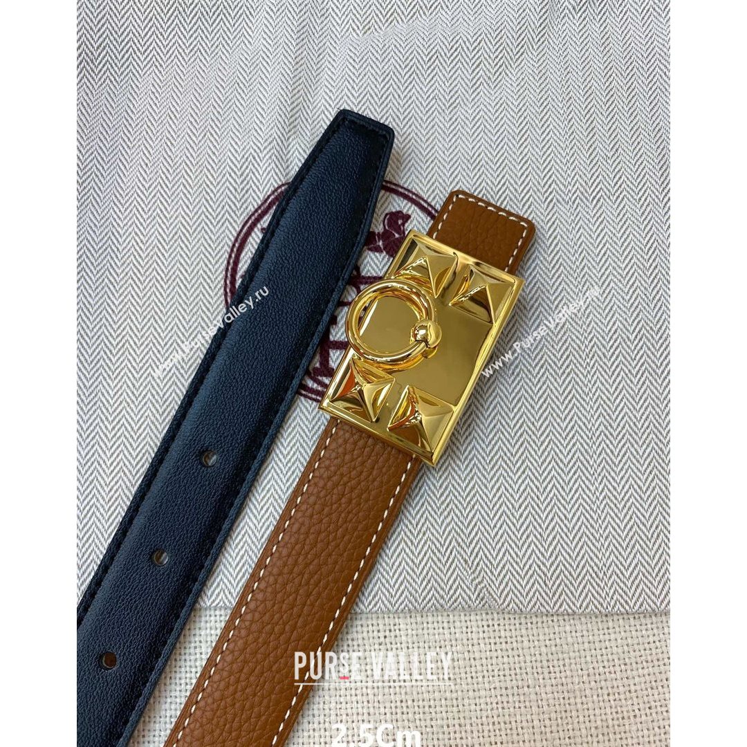 Hermes Glenan Reversible Calfskin Belt 25mm with Stud Buckle Brown 2021 (99-21082413)