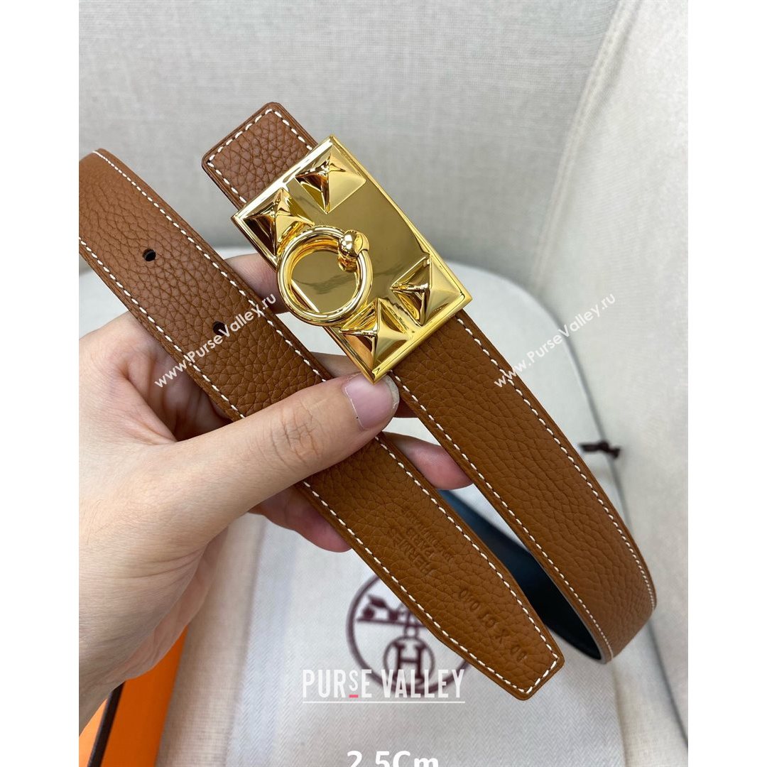 Hermes Glenan Reversible Calfskin Belt 25mm with Stud Buckle Brown 2021 (99-21082413)