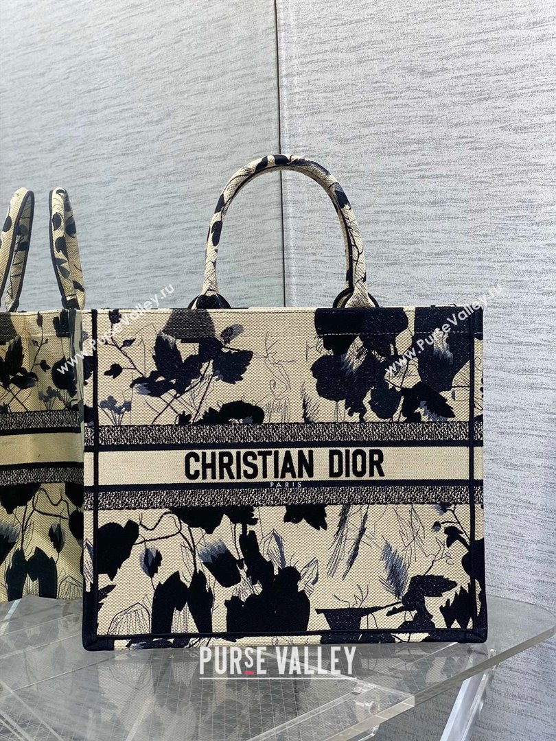 Dior Large Book Tote Bag in Beige and Black Fleurs Mystiques Embroidery 2024 (XXG-24081334)