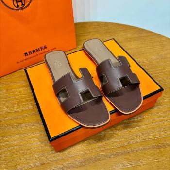 Hermes Oran Classic Swift Calfskin Flat Slide Sandals Dark Brown 2024(Handmade) (MDU-24062611)