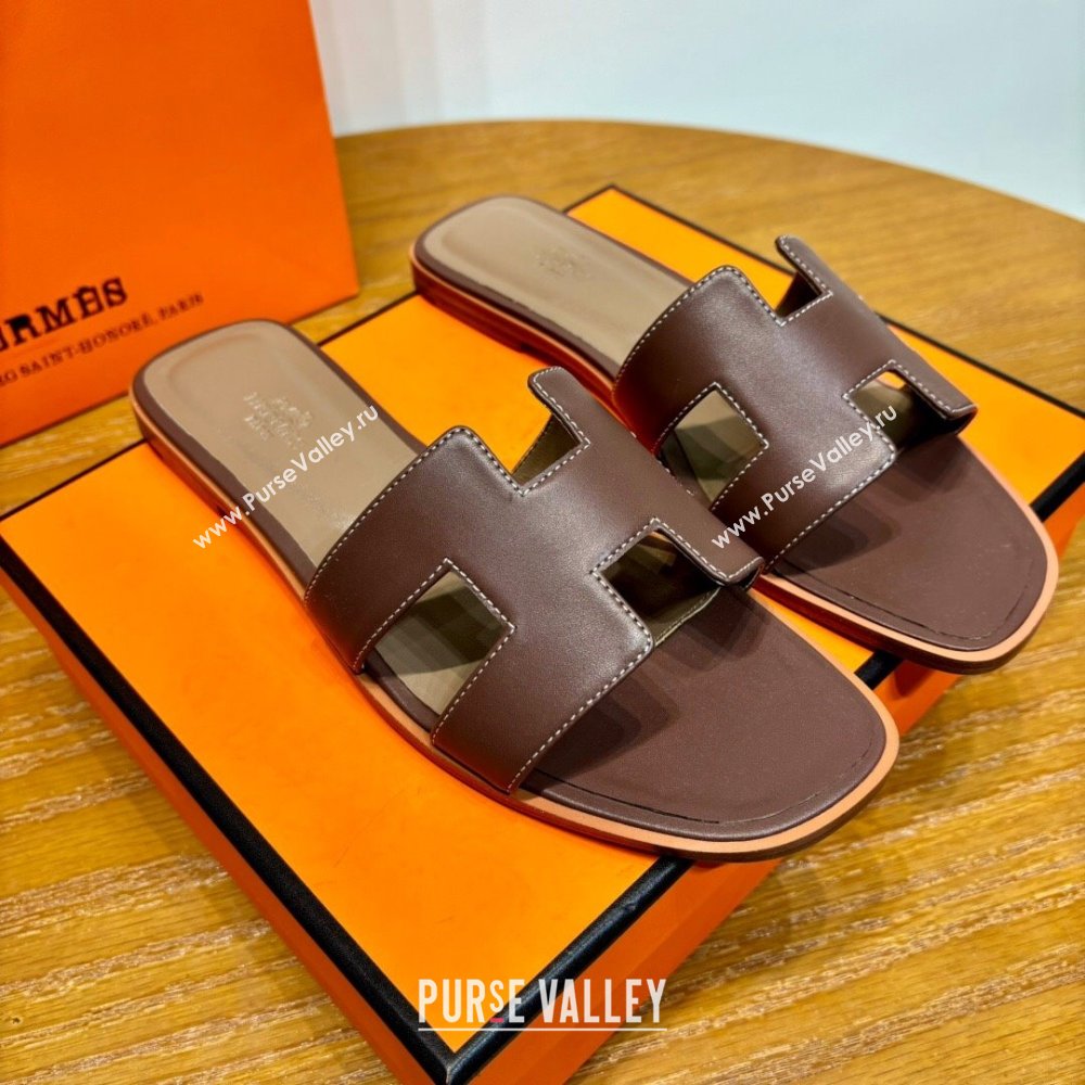 Hermes Oran Classic Swift Calfskin Flat Slide Sandals Dark Brown 2024(Handmade) (MDU-24062611)