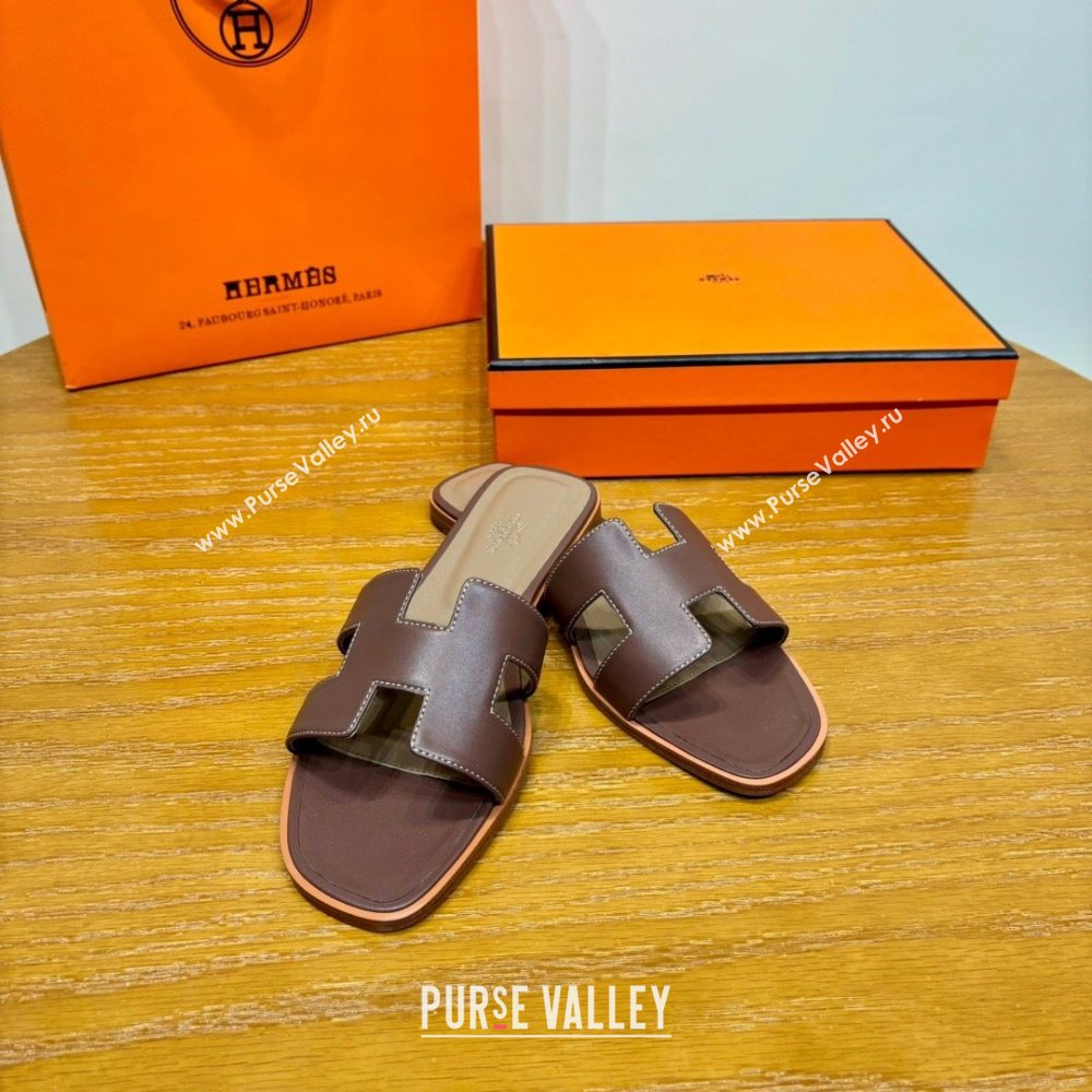 Hermes Oran Classic Swift Calfskin Flat Slide Sandals Dark Brown 2024(Handmade) (MDU-24062611)