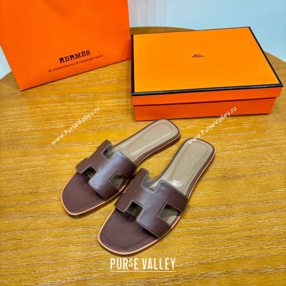 Hermes Oran Classic Swift Calfskin Flat Slide Sandals Dark Brown 2024(Handmade) (MDU-24062611)