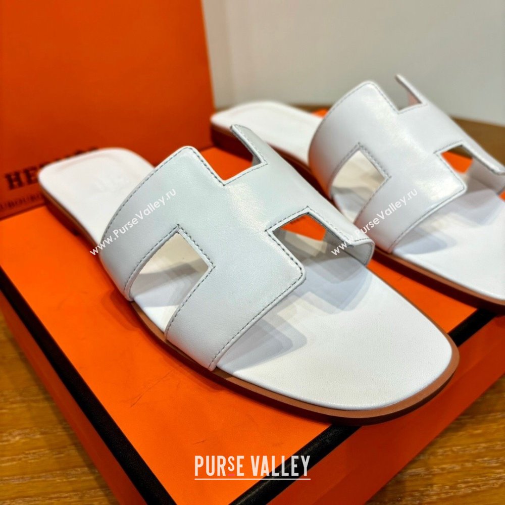 Hermes Oran Classic Swift Calfskin Flat Slide Sandals White 2024(Handmade) (MDU-24062612)